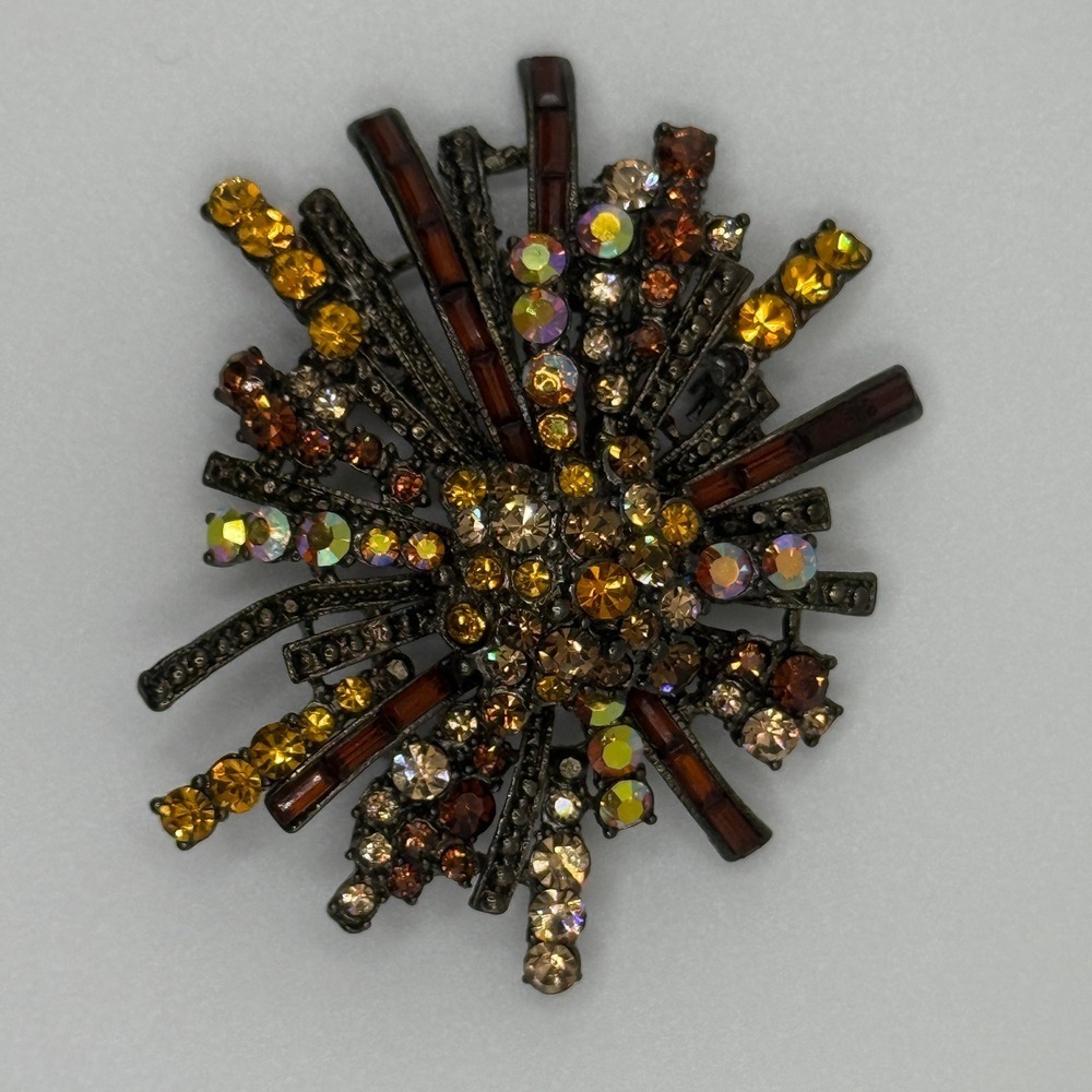 Vintage Amber Topaz Rhinestone Starburst Sparkle Brooch Gunmetal Sunburst Pin - Picture 10 of 10
